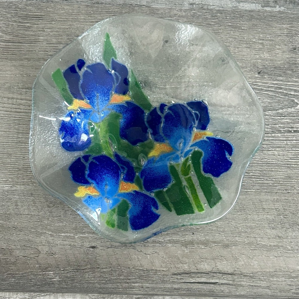Retired Peggy Karr Fused Art Glass Blue Iris Flower 8" Bowl Ruffled Edge Signed